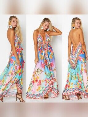 Ranee’s Floral Halter Maxi Dress Low Back Boho NWT O/S